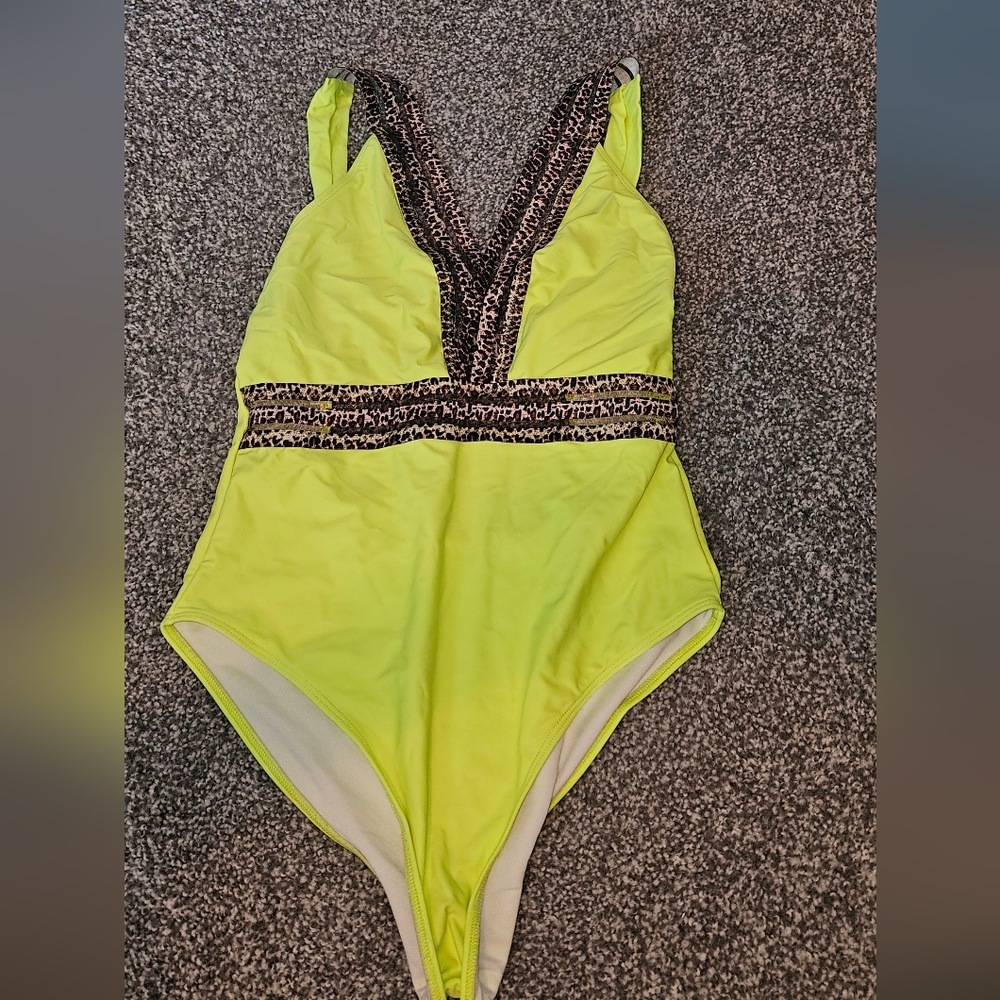 Florescent yellow with leopard trim 1 pc/ deep V neck